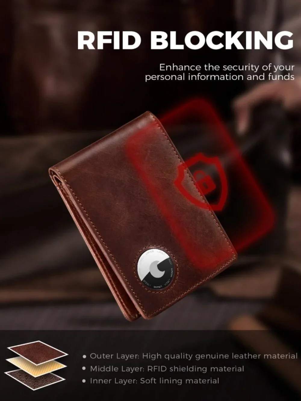 Minimalist Bifold Leather Wallet with AirTag Holder, RFID Blocking, 12 Card